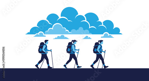 Group of three outdoor enthusiasts hiking with backpacks and trekking poles under a large stylized blue cloud.