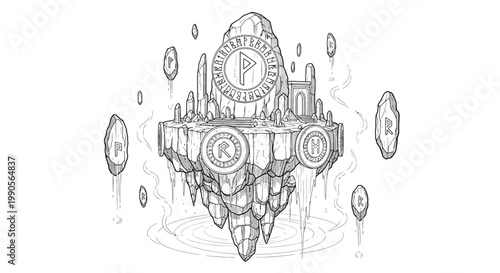 Fantasy illustration of a floating island with ancient runes and symbols