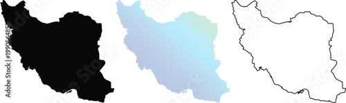 Set of Iran country maps including black silhouette, blue gradient dotted pixel pattern, and thin line outline for geographic design and infographics.