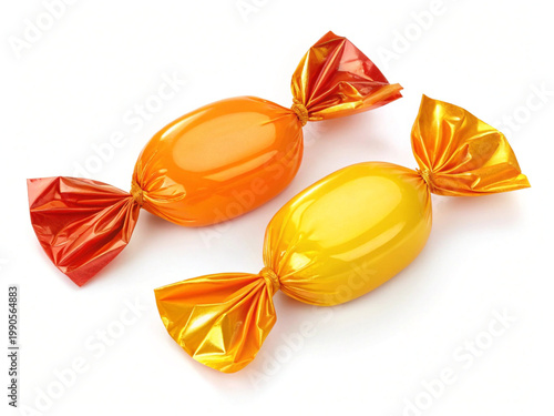 Orange and yellow candy in wrapper isolated