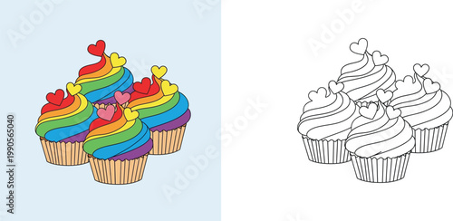 Kawaii Rainbow Cupcake Coloring Page for Kids, Sweet Dessert Illustration with Heart Toppers, Black and White Outline Vector Set for Children Education, Party Activities and Creative Fun