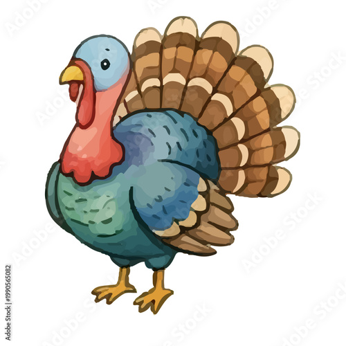 Cute cartoon turkey character illustration with farm birds, happy funny thanksgiving poultry vector art, isolated animal nature drawing