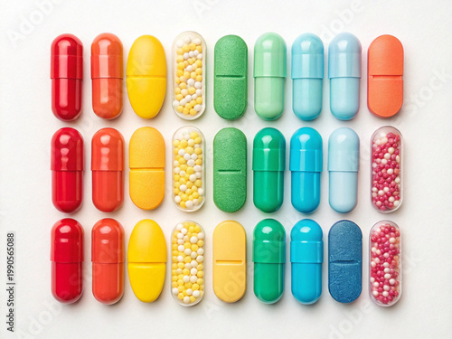 Colorful pills and capsules isolated healthcare concept
