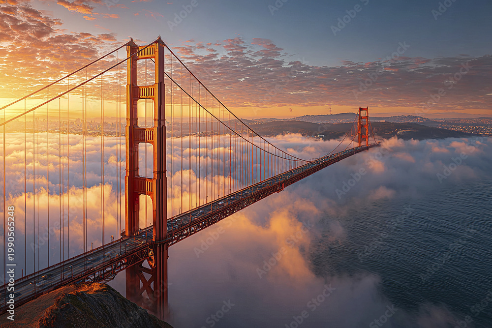 Fototapeta premium Golden Gate Bridge panoramic view at sunrise with warm golden light illuminating suspension bridge above thick fog over water and distant hills under colorful sky