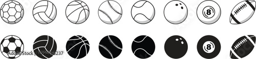 Set of various sports ball icons set. Collection of soccer, basketball, baseball, tennis, volleyball, bowling, billiards and rugby balls. Modern vector collection isolated flat design elements pack.