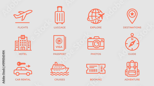 Travel and tourism icons set in orange outline on light background