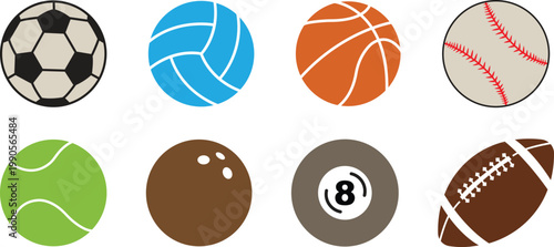 Set of various sports ball icons set. Collection of soccer, basketball, baseball, tennis, volleyball, bowling, billiards and rugby balls. Modern vector collection isolated flat design elements pack.