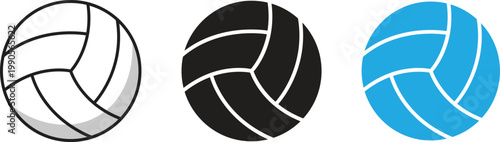 Volleyball icon set showing three distinct design styles. Professional sports game equipment isolated on transparent background. Traditional monochrome and blue graphic vector symbols.