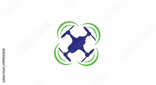 Drone quadcopter icon with green circular signal waves around a blue rotating propeller silhouette featuring unmanned aerial vehicle, UAV, remote