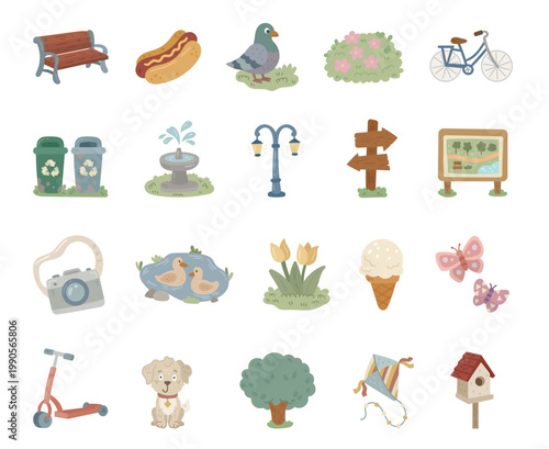 Park outdoor set in scandinavian style featuring urban recreation elements animals transport nature leisure objects for public spaces and relaxation