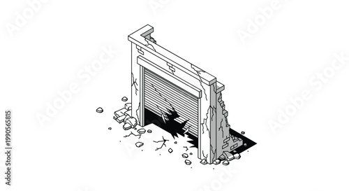 Isometric illustration of a derelict and crumbling concrete wall with a damaged rolling shutter door in black and white.