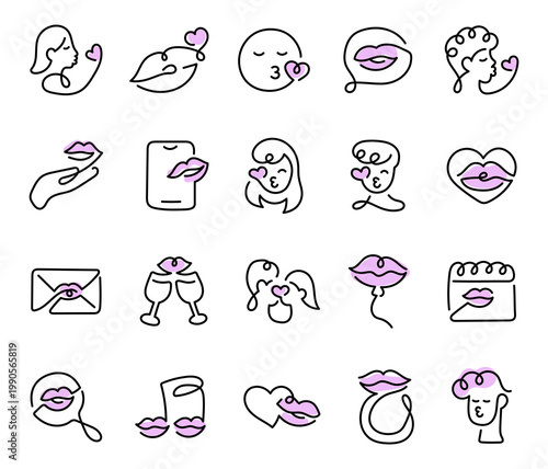 Kiss love icon set in outline line art featuring lips heart face woman man couple phone message letter calendar balloon