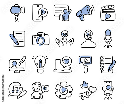 Content creator icon set in outline line art featuring video audio blogging streaming social media production tools camera script editing