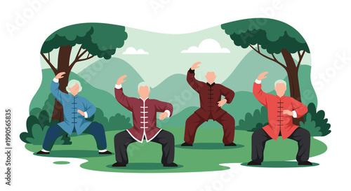 Group of senior people practicing Tai Chi in a mountain park with trees to promote physical health and emotional wellness.