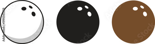 Bowling ball icon set showing three distinct design styles. Professional sports game equipment isolated on transparent background. Traditional monochrome and brown graphic vector symbols.
