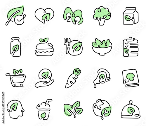 Vegan icon set featuring leaf foods meals drinks snacks earth health market kitchen nature pizza burger avocado broccoli bottle