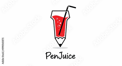 Soda juice glass icon with red drink, bubbles, black straw and branding text ПенДжусice on white background