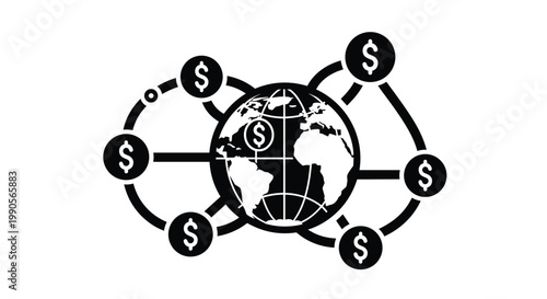 International financial network illustration shows a globe surrounded by dollar sign icons connected by lines representing global trade.