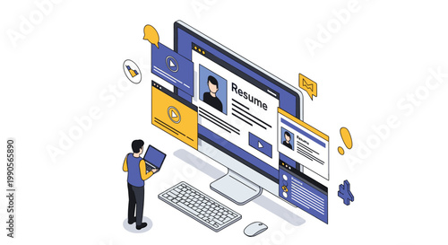 Job seeker uses a digital portal on a computer monitor to submit a resume with integrated video components for a modern application process.