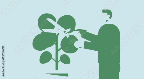 Man pruning a plant with shears in a simple flat vector illustration