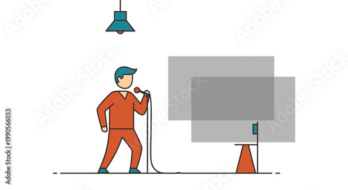 Man singing into microphone indoors with screens creative concept illustration