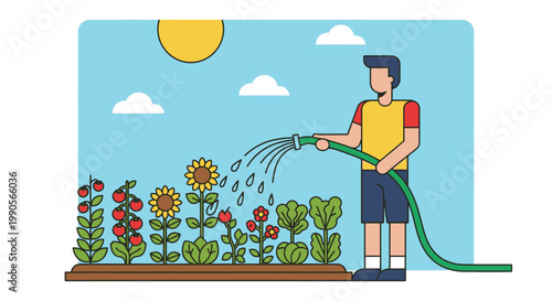 Man watering garden plants under blue sky and bright sun illustration