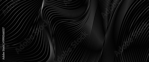 Black abstract background design. Modern wavy line pattern (guilloche curves) in monochrome colors. Premium stripe texture for banner, business backdrop. Dark horizontal vector template