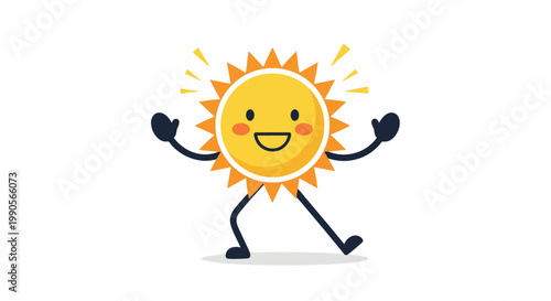 Energetic cartoon sun character with a smiling face and rosy cheeks dances joyfully with outstretched arms on a simple white background.