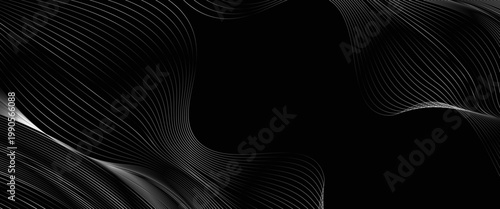 Black abstract background design. Modern wavy line pattern (guilloche curves) in monochrome colors. Premium stripe texture for banner, business backdrop. Dark horizontal vector template