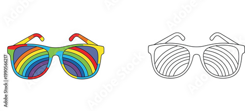 Rainbow Sunglasses Coloring Page for Kids, Cute Summer Eyewear Illustration with Black and White Outline Vector Set for Children Activities and Pride Celebration
