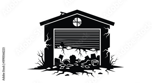 Abandoned or damaged building depicted with severe cracks and debris representing structural failure or the aftermath of a natural disaster.