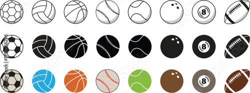 Set of various sports ball icons set. Collection of soccer, basketball, baseball, tennis, volleyball, bowling, billiards and rugby balls. Modern vector collection isolated flat design elements pack.