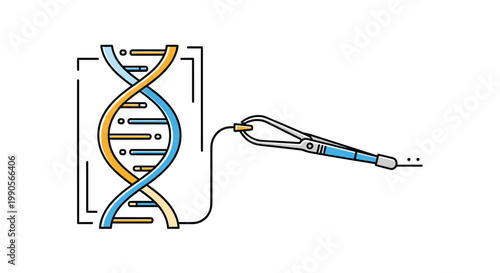 Genetic engineering process illustrated by a DNA double helix being carefully edited or sampled by surgical forceps in a laboratory.