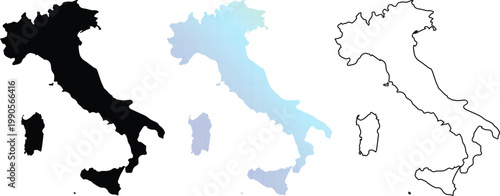 Set of Italy country maps including solid black silhouette, blue pixelated dot pattern, and thin black line outline on white background for travel and geography design.