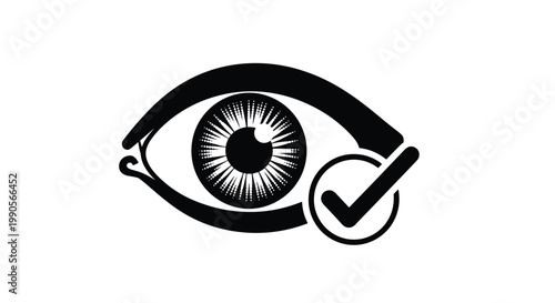 Silhouette of a human eye with a prominent checkmark icon indicating successful vision testing or eye health verification for medical purposes.