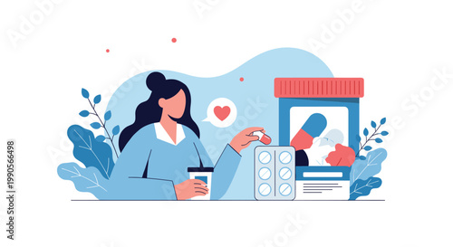 Caring healthcare concept showing a woman managing medication with a large pill bottle and blister pack accompanied by a heart symbol.