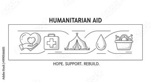 Sketchy icons representing humanitarian aid including medical shelter water and food.