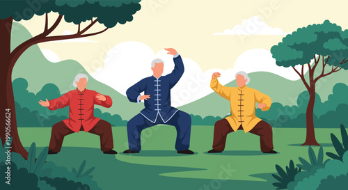 Group of elderly people practicing the mindful martial art of tai chi in a peaceful green park surrounded by lush trees and distant hills.