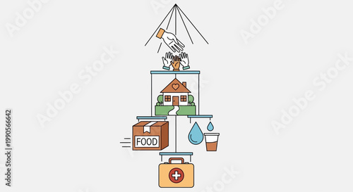 Conceptual Illustration of a Mobile Hanging with Basic Human Needs Symbols including Food Water Shelter and Healthcare.
