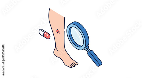 Medical examination of a skin rash on a human leg using a magnifying glass with a nearby pill capsule indicating dermatological treatment.