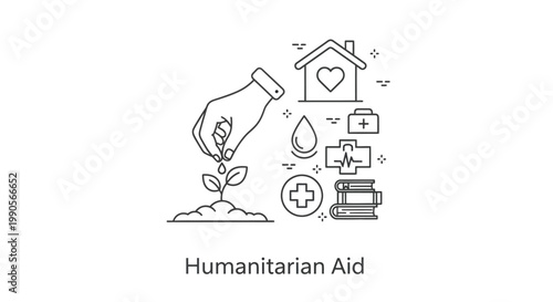 Humanitarian Aid and Charity Line Art Icons Illustration.