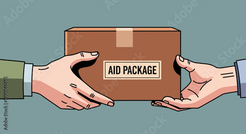 Illustration of two hands handing over an aid package cardboard box.