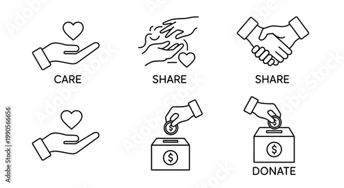 Set of linear icons for charity donation care and sharing concepts.