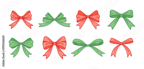 Coquette bows charming set. Cute red and green tied ribbons, elegant vector illustration. Suitable for birthday, Christmas presents, gift in vintage style, baby shower decoration, girl romantic design