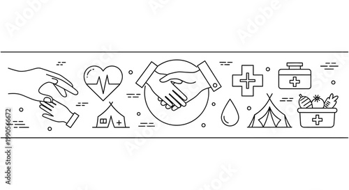 Humanitarian Aid and Charity Line Art Icons for Social Support and Healthcare.