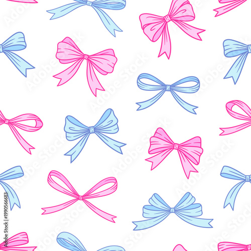 Bows coquette seamless pattern, white background. Pink and blue tied ribbons in hand drawn style, illustration. Perfect for fashion textiles, baby shower decorations, birthday gifts, or trendy prints.