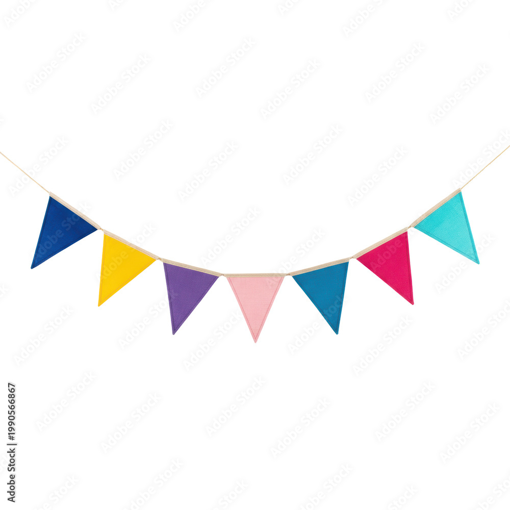 Fototapeta premium Festive bunting banner with triangular swallowtail flags made of textured linen and cotton in vibrant colors suspended on a natural fiber string, joyful atmosphere