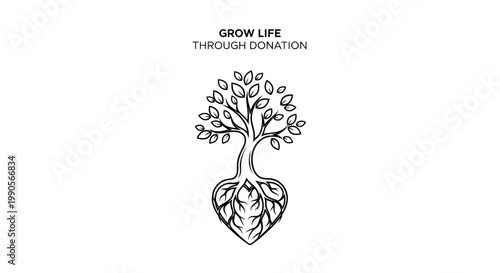 Black and white hand drawn tree with heart shaped roots concept art.