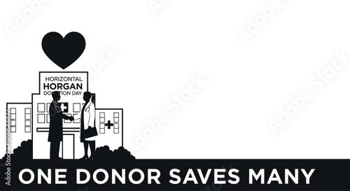 Hospital building with heart and medical professionals promoting organ donation.