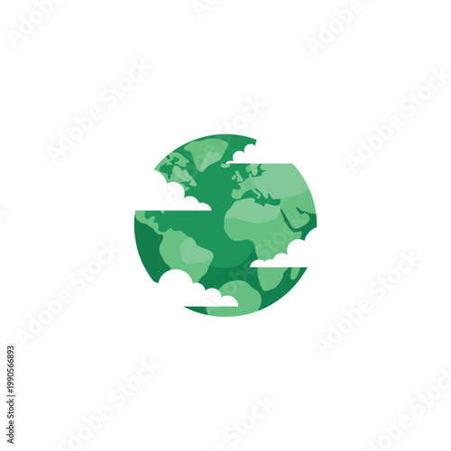 Broken earth illustration with green continents and white clouds on a circular shape